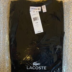 Lacoste Black V-Neck Sweater. Brand New with Tags. Size M, 100% cotton.
